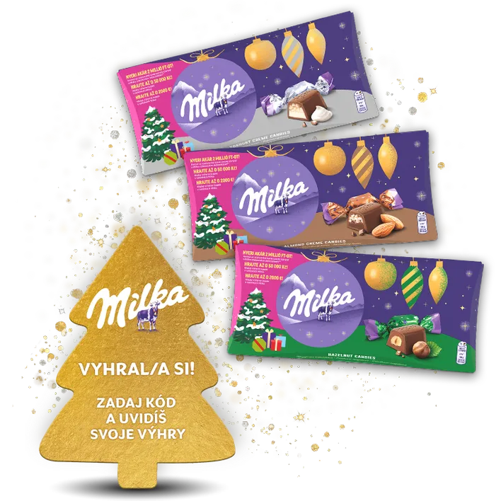 Krabičky Milka Salónky a zlatý výherný kupón v tvare vianočného stromčeka