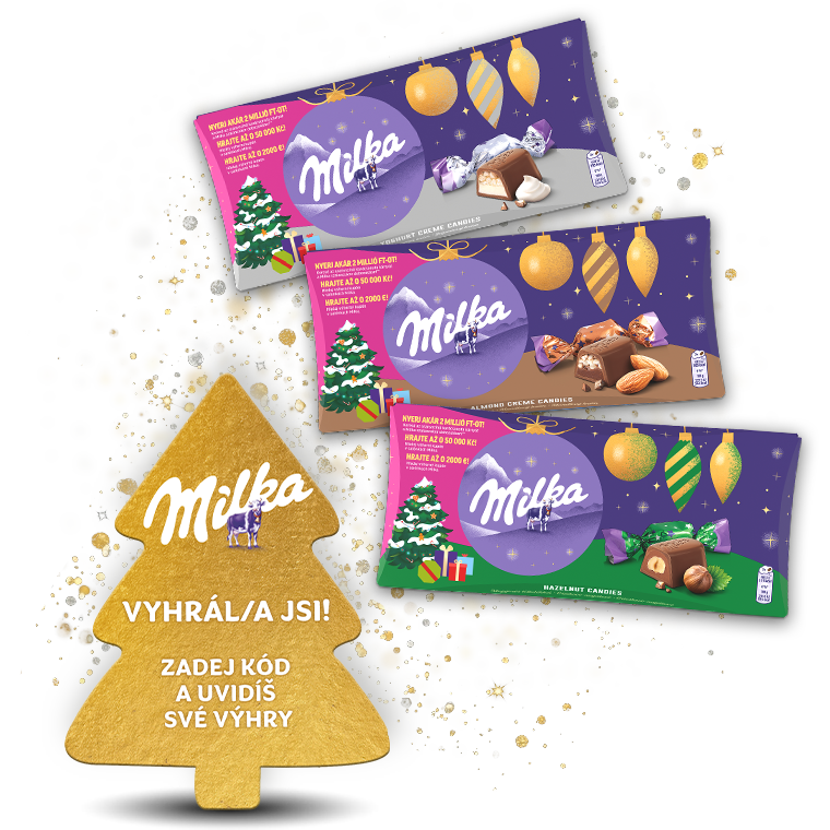 Krabičky Milka Salónky a zlatý výherný kupón v tvare vianočného stromčeka